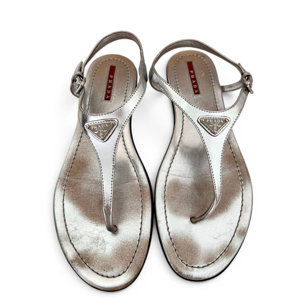 Prada EU 40 Silver Vintage Thong Open Toe Sandals Strappy Flat Shoes Authentic